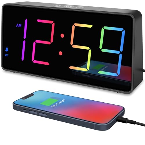 Image of Peakeep Digital Alarm Clock for Bedroom Bedside, RGB Color Changing Display | Colorful LED Big Numbers 6 Brightness, Loud for Heavy Sleepers, Battery Backup Plug in Electric Clock, USB Charger
