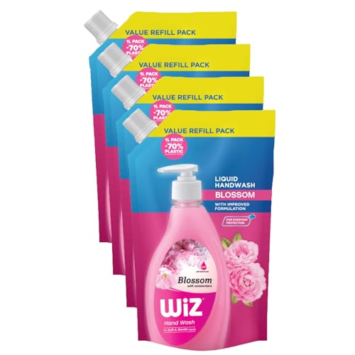 Image of Wiz Blossom Hand Wash Refill Pouch - 1L (Pack of 4) | Floral Fragrance for Lasting Freshness| Germ Protection | pH Balanced | 70% Less Plastic | Gentle Everyday Hand Care