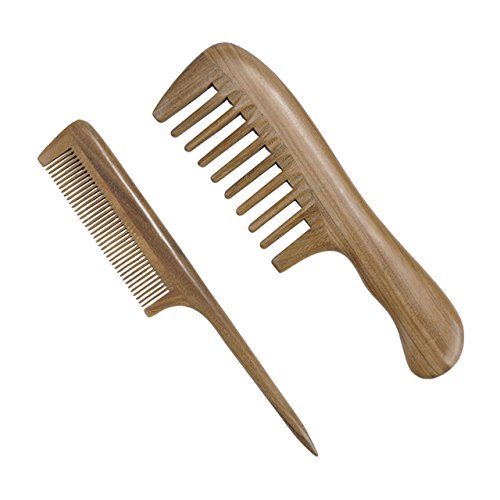 CCbeauty Natural Green Sandalwood Wood Comb No Static Wide Tooth Comb and Fine
