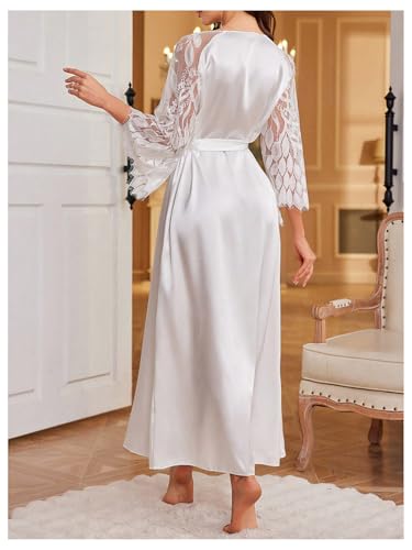 OYOANGLE Womens Silk Maxi Robe Short Lace Trim Satin Kimono 3/4 Sleeve Elegant Vacation Wedding Robes2
