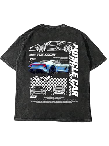 RoseSeek Mens Washed Car Letter Graphic Tees Crewneck Short Sleeve Y2K Vintage T Shirts Streetwear Tops Letter Black X-Large