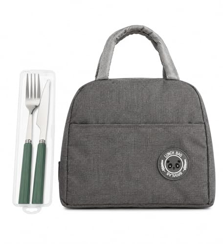 Kit Lancheira Térmica Compacta 29x23cm com Talheres 2 Peças e Estojo, Impermeável, para Trabalho e Escola (cinza)