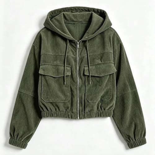 Corduroy Jacket Women Ribbed Cropped Hooded Long Sleeve Zip Up Coat - image 4