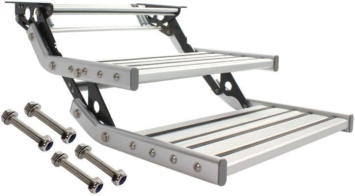 Non-Slip Folding RV Entry Steps with LED Light Bar, Telescopic Manual Step Ladder, 440 lbs Capacity, Durable Replacement RV Stair for Safe Access