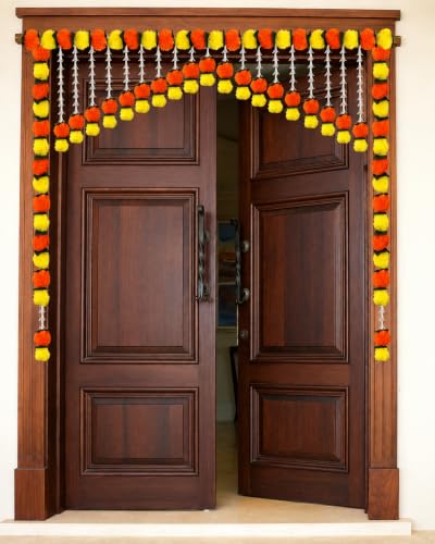 Image of Tia Crafts Artificial Marigold Jasmine Door Toran for Main Door Entrance, Flower Bandhanwar Door Hanging for Home Decoration, Pooja, Diwali, Ganpati, Wedding, Housewarming, Reusable Festive Decor