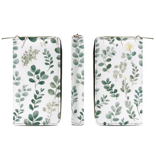 Girl's Long PU Wallet, Travel Purse Fashion Design, Huge Storage Capacity Purse, Cute Decor Zipper Wallet Watercolor Sage Green Leaf3