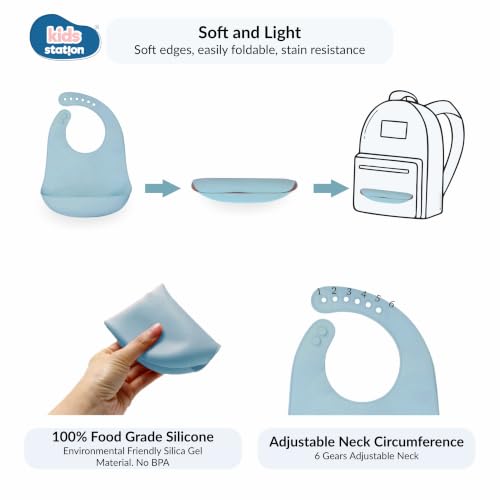 Image of Kids Station Silicone Baby Bib for Feeding & Weaning BPA Free, Soft Adjustable Neckline with Buttons, Washable & Reusable, Ideal for Babies & Toddlers 6 to 36 Months - Blue