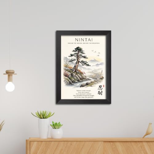 Image of TenorArts Japanese Philosophical Quotes Photo Frame Painting, Nintai Poster Framed Wall Hanging Decor Paintings For Bedroom Living Room Home and Cafe, Minimal Drawing Framed Posters for Decorations (9x12 inches)