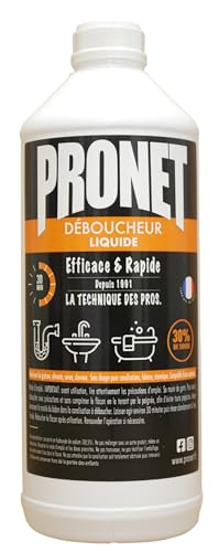 PRONET - Déboucheur Canalisations Liquide puissant - Soude à 30% - Action rapide 30min - Tous types de canalisations - Idéal eau stagnante et écoulement difficile - Compatible fosse septique - 1 L
