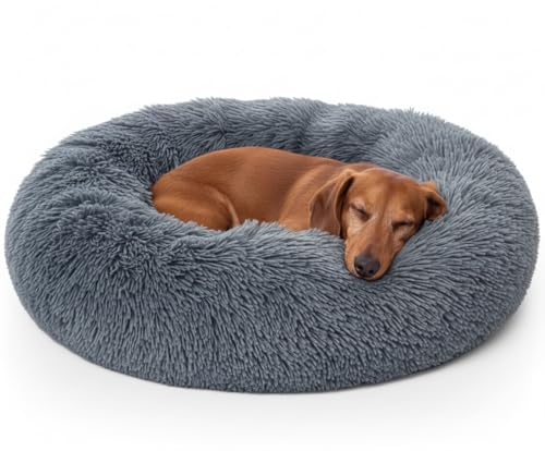 Woof & Whiskers Donut Calming Bed 50Cm Dark Grey For Small Kitten Puppy With Anti-Anxiety Properties, Non-Slip Base, Machine Washable Cat Basket Cuddler