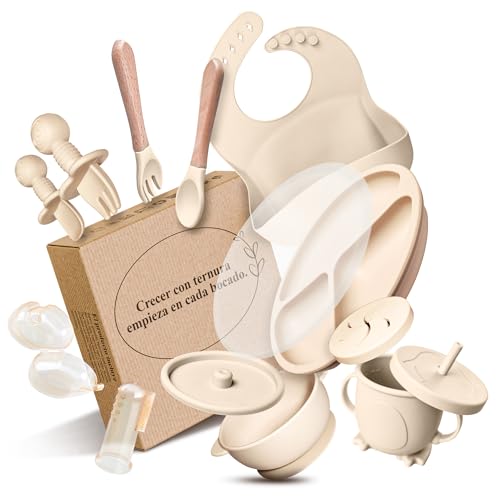 Nimbro Vajilla Bebé Silicona con Ventosa – Set Alimentación Infantil con Plato Dividido y Cubiertos Ergonómicos | Sin BPA | Apto Lavavajillas y Microondas | BLW