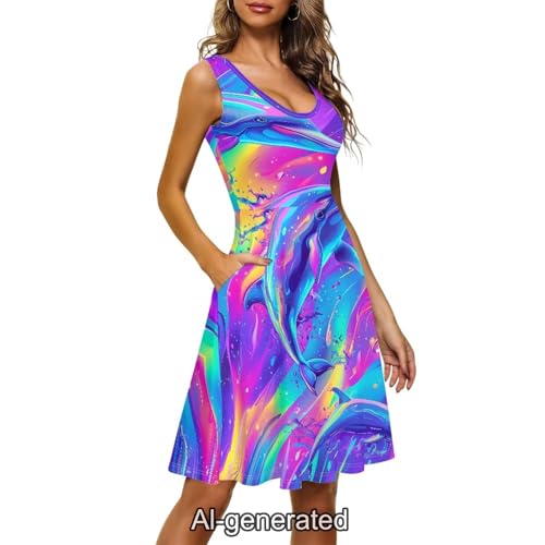Image of Dreaweet Casual Sleeveless Dresses for Women Girls, Round Neck Tank Dresses with Pockets Summer Sundress Size XS-4XL