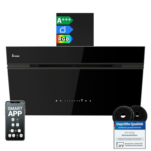 KKT KOLBE A+++ Dunstabzugshaube 90 cm 782 cbm/h Umluft Abluft Kopffrei Wandhaube | Schwarz | Glas | Nachlaufautomatik | Smart WiFi App WLAN | SensorTouch | RGBW LED-Beleuchtung | AURORA9005FB