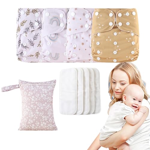 4 pañales de tela, pañales reutilizables, pañales de tela, pañales ajustables para bebé, toallitas reutilizables para bebé, forros absorbentes y transpirables, funda impermeable con 4 insertos y 1