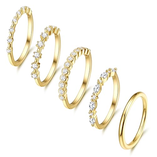 Dochais 5 pièces or bague dames, anneaux empilables résistant à l'eau, 14K or plaqué zirconium diamant bague femmes, anneaux de cheville anneau de pouce...
