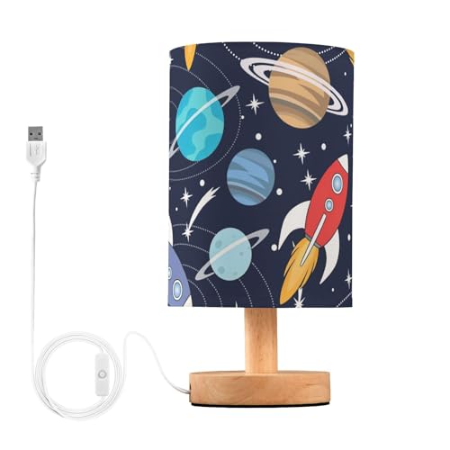 Image of BOENLE Bedside Lamp Space Cute Rockets Planets Table Lamp for Bedroom LED Nightstand Lamp Shade USB Ports Wood Base for Living Room Dorm Office
