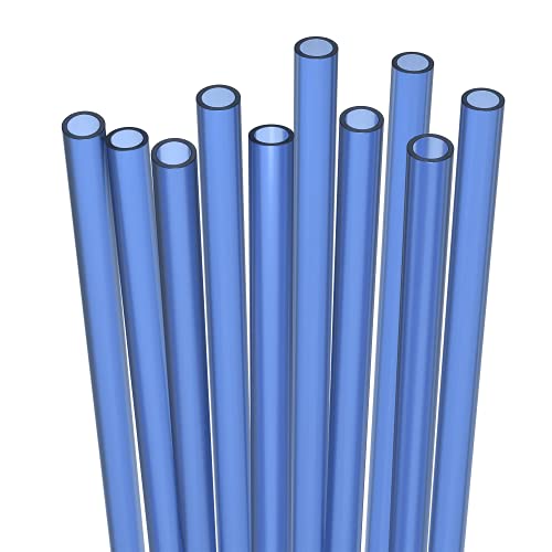 Fiesta First 10 Short Reusable Hard Blue Plastic Drinking Straws, Medium Width + Sturdy Cleaning Brush - for Cocktails, Small Cups, Kids Drinks - Dishwasher Safe BPA Free