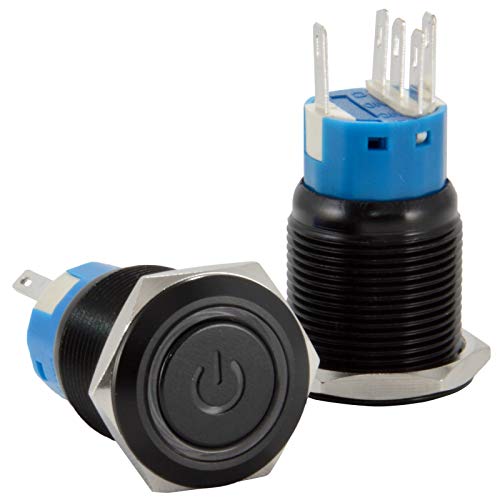 Jacobsparts Latching Maintained Pushbutton On/Off Switch Black Metal With Blue Power Symbol Led Suitable For 3/4" (19Mm) Diameter Panel Cutout Hole #TOP1