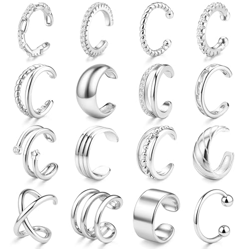 JeweBella Ear Cuff Pendientes Clip Mujer Pendientes Sin Agujero Ajustables Pendientes Falsos Acero Inoxidable Hipoalergénicos Falsos Oreja Helix Puños de Cartílago No Piercing Pendientes Oro/Plata