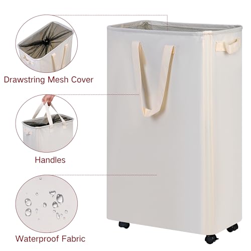 Slim Laundry Hamper with Wheels, Rolling Laundry Basket for Clothes, Small Laundry Basket for Bedroom, Dorm and Laundry Room, 75L (19.8 Gallons) Beige