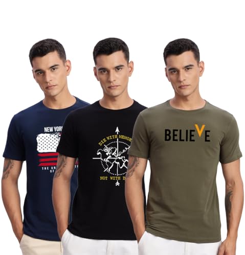 Image of ADRO 100% Cotton Lycra Tshirts for Men Combo Pack of 3 | Regular Fit | Printed T Shirt | Round Neck Half Sleeve| Mens Tshirts