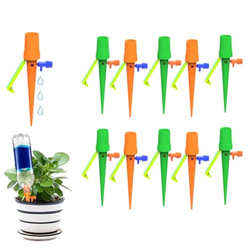 Facile da usare: semplice da installare, basta collegare la bottiglia d'acqua adatta e inserire i picchetti per irrigazione nel vaso, quindi praticare dei fori sul fondo o tagliare la coda della bottiglia per mantenere il flusso d'aria, posizionare una valvola di regolazione che regolerà la velocità del flusso.