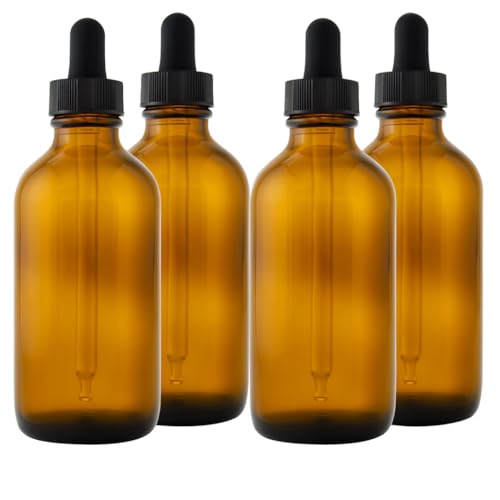GreenHealth - 4oz Amber Glass Dropper Bottles with Glass Pipette – Pack of 4 – Refillable, Durable, UV Protection – For Essential Oils, Serums, DIY Blends, Aromatherapy