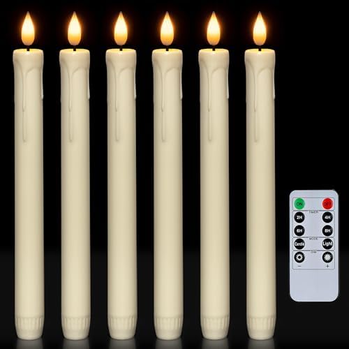 - Homemory 6 Pcs Flameless Taper Candles with Remote, Timer, Dimmer, Ivory Battery Operated CandleSticks with Flickering Light, Plastic Led Window Candles, 9.6 Inches for Halloween Christmas Decoration