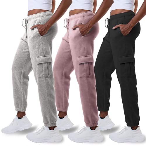3 Pack Sweatpants Women, Cargo Womens Sweatpants, Fleece Womens Joggers with Pockets (Available in Plus)