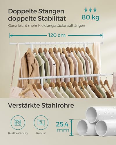 SONGMICS Kleiderständer auf Rollen, doppelte Stangen, ausziehbare Kleiderstangen, Garderobenständer aus Stahlrohren, bis 80 kg belastbar, 83-120 cm breit, wolkenweiß HSR133W01
