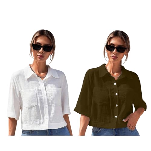 Image of TOPLOT V-Collar Solid Crop Shirt for Women with Half Sleeves, Polyester, Regular Fit