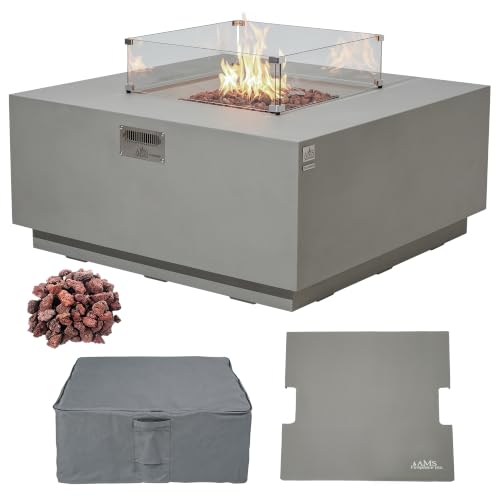 Image of AMS 48 inch Square Concrete GFRC Propane Gas Fire Pit Table Bundle (Light Gray)