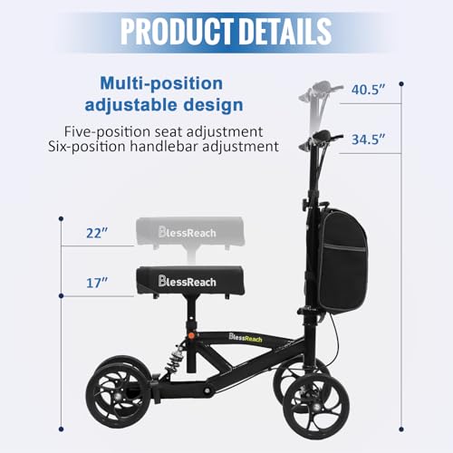 BlessReach Steerable Knee Walker Deluxe Medical Scooter for Foot Injuries Compact Crutches, with Dual Rear on-Wheel Brake and Shock Absorption Under The Knee pad, Black