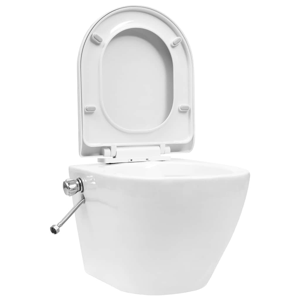 Inodoro de pared sin borde con cisterna oculta empotrable, cerámica blanca, asiento y tapa de cierre suave, para baño e invitados