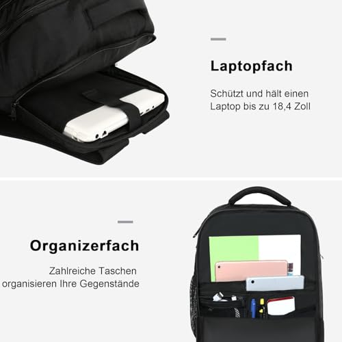 MATEIN Handgepäck Rucksack 55x40x20, Groß Reiserucksack Handgepäck Flugzeug Herren, 44L Laptop Rucksack 18.4 Zoll mit USB Ladeanschluss, Schuhfach, Wasserabweisend Damen für Lufthansa, Schwarz
