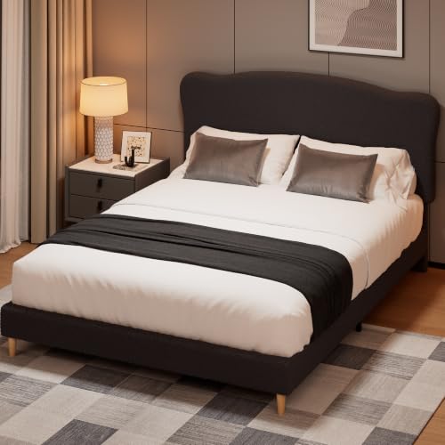Image of GarveeHome Queen Size Bed Frame with Upholstered Headboard, Soft Low Profile Sturdy Platform Bed with Rounded Corners Design, Heavy Duty, Wooden Slats, Noise Free, No Box Spring Needed, Black