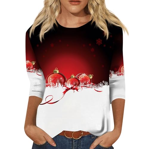 Women Christmas Tops - 3/4 Length Sleeve Womens Tops Funny Christmas Graphic Tshirts Crew Neck Holiday Pullover Top