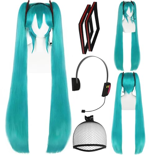 ESUNO Hair Cap+47inchs Long Green Wig with Headphone and Frame Headpieces Long Teal Straight Pontail Wigs Women Double Ponytail Cosplay Wig Green Anime Costume for Cosplay Halloween Party