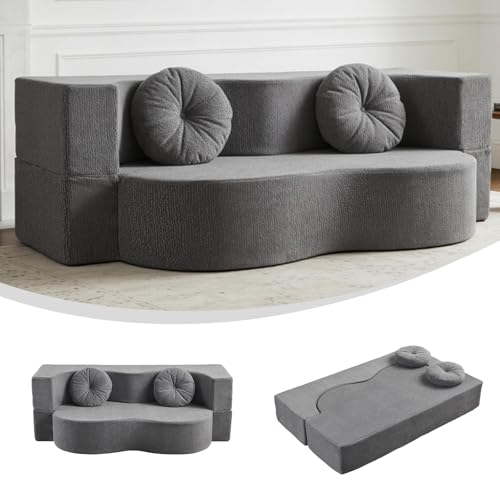 2-in-1 Convertible Sofa Bed, Folding 2 Seater Cotton Velvet Sofa with Pillow, No Assembly Fabric Couch for Living Room, Bedroom & Apartment (Dark gray)