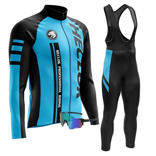 Maillot Cyclisme Homme Tenue VTT À Manches Longues Ensemble de Combinaisons Cycling Route Respirant à Bretelle avec 9D Coussin Gel＋Lunettes Coupe-Vent pour...