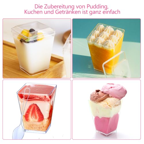 Froasia 40 Stück Desserttasse,mit Löffeln und Deckel,5 OZ /160ML Dessertgläser Plastik,Dessertbecher Klare,Wiederverwendbar Quadratischer Desserttassen für Zuhause Desserts Pudding Mousse Eis Party