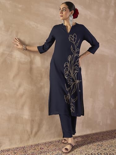 Image of INDO ERA Women's Viscose Rayon Floral Embroidered Straight Calf Length Kurta & Pant Set (IEAI12330)