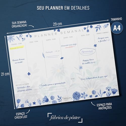 Planner Agenda Semanal Floral Azul - 50 folhas - tamanho A4