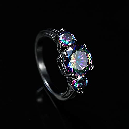 Black Engagement Rings for Women, 14K Black Gold Goth Rings 3 Stone Rings, Mystic Topaz Tourmaline Wedding Rings for Women Size 5 6 7 8 9 10