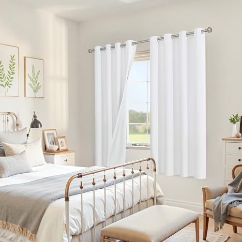 Image of YoungsTex White Linen 100% Blackout Curtains for Bedroom 68 Inch Length, Thermal Insulated Drapes with Grommet Heat Blocking Darkening for Living Room, 2 Panels, 52 X 68 Inch