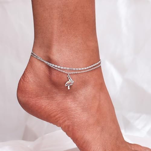 Image of CHIC & ARTSY 925 Sterling Silver Ankle Bracelets for Women, Adjustable Layered Foot Chains with Nature & Symbol Charms, Lightweight Comfort Fit Boho Beach Everyday Jewelry