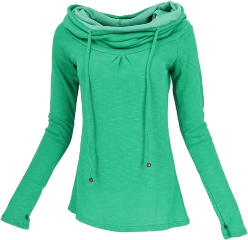 GURU SHOP Hoody Boho Chic, Feinstrick Langarmshirt mit Schalkragen - Grün,...