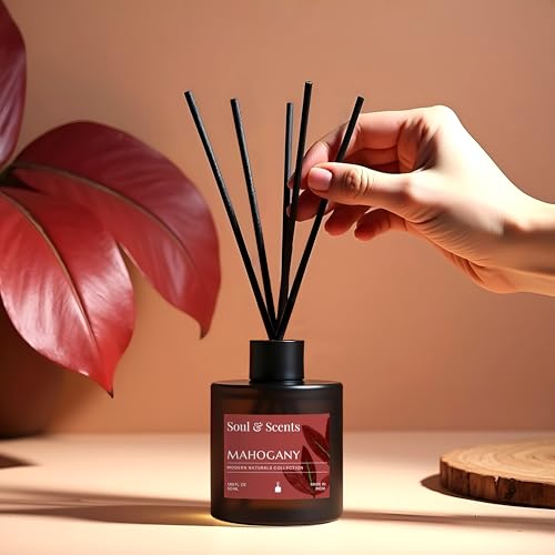 Image of Soul & Scents 50ml Mahogany Reed Diffuser Set | A Rich & Warm Scent of Woods | Get 5 Rattan Reed Sticks | Smoke Less Room Freshener for Home, Bedroom, Living Room & Office