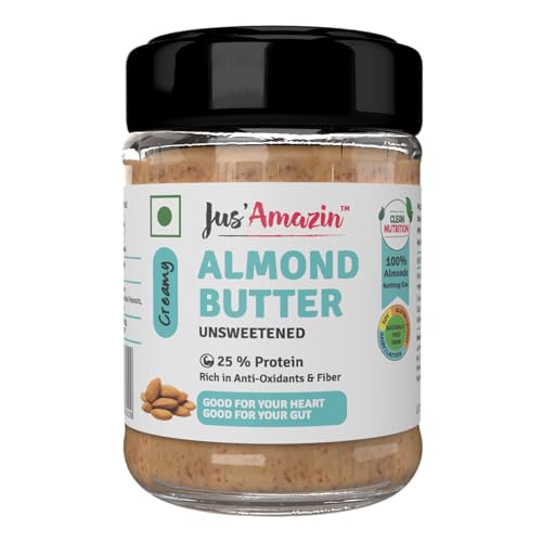 Image of Jus' Amazin Creamy Almond Butter - Unsweetened (125 g) | 25% Protein | Only Pure Whole Almonds | Zero Additives /Chemicals |Plant Based, Dairy Free, Keto | Clean Nutrition, 0% Chemicals