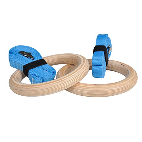 Ultimate Body Press Wood Gymnastic Rings with Upgraded Easy Thread Buckles and Indexed Straps, 1.25-Inch